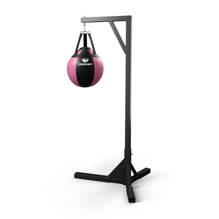 PROLAST black and pink wrecking ball heavy bag hanging from a PROLAST single bag stand on a steel snap hook (stand sold separately)