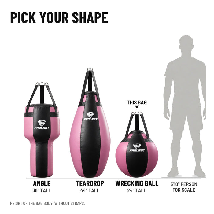 PROLAST angle, teardrop and wrecking ball bags in black and pink, to scale next to a 5 ft 10 in person