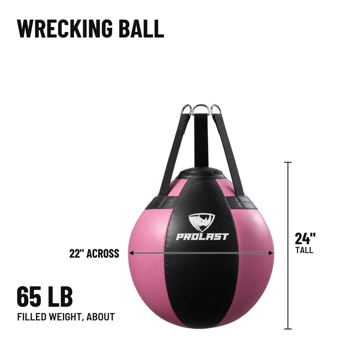 PROLAST wrecking ball heavy bag dimensions: 24 in tall and 22 in across, about 65 lb filled