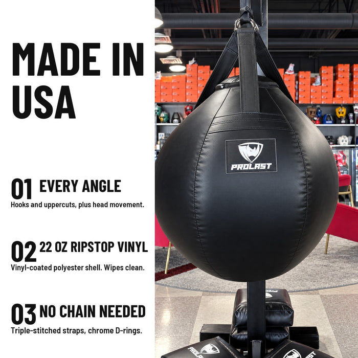 PROLAST wrecking ball heavy bag: made in USA, triple-stitched straps and heavy-duty D-rings, no chain needed