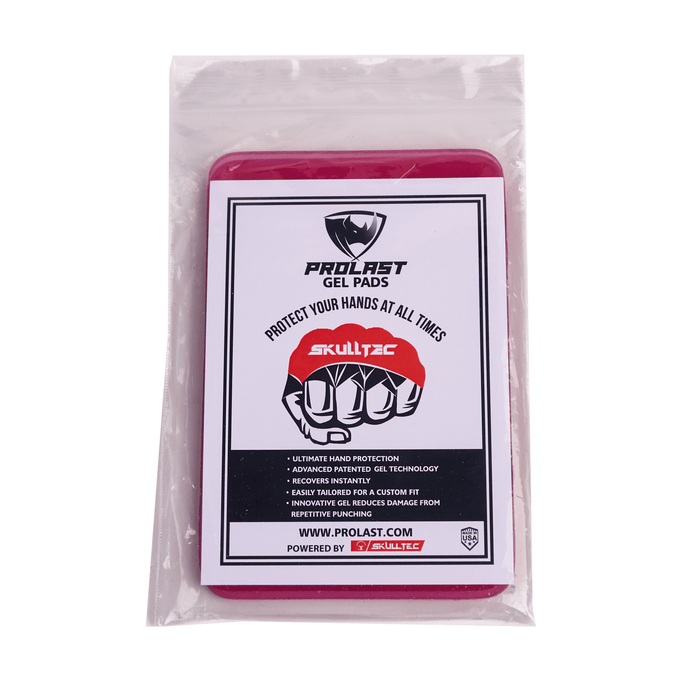 PROLAST x Skulltec gel knuckle guards in pink, sealed in their PROLAST gel pads pack