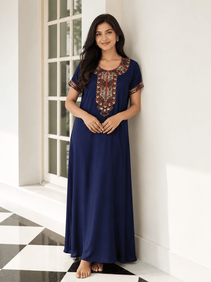Raatrani Alpine Heritage Midnight Blue Designer Nighty with Embroidery