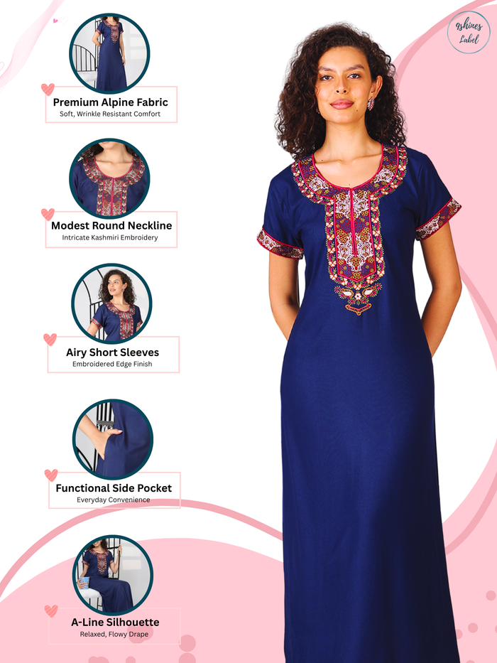 Raatrani Alpine Heritage Midnight Blue Designer Nighty with Embroidery