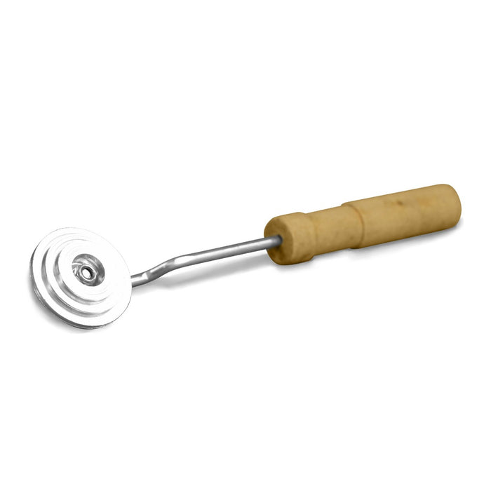 5/8 by 2 inch fiberglass corner roller with metal roller top and wood handle.