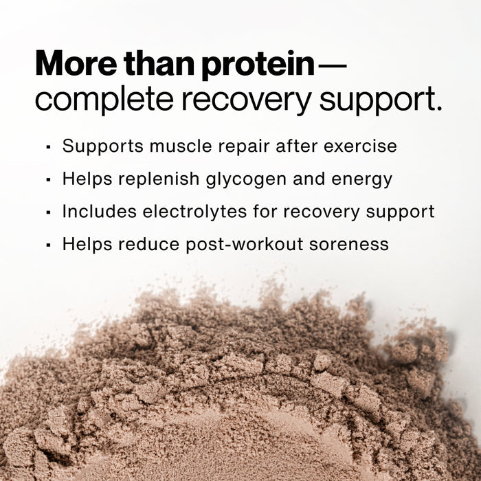 Image of chocolate recovery powder with text: “More than protein—complete recovery support. Supports muscle repair after exercise. Helps replenish glycogen and energy. Includes electrolytes for recovery support. Helps reduce post-workout soreness.”