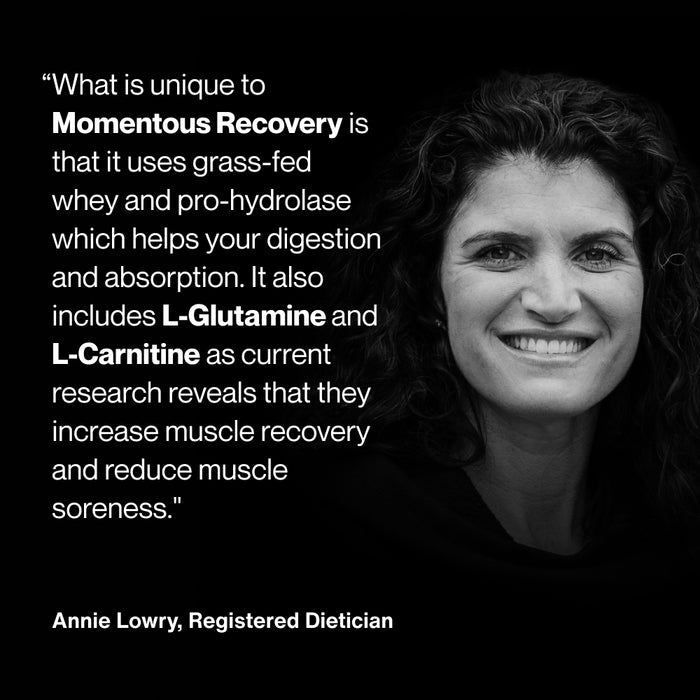 Black-and-white portrait of Annie Lowry, Registered Dietician, smiling. Overlaid text reads: “What is unique to Momentous Recovery is that it uses grass-fed whey and pro-hydrolase which helps your digestion and absorption. It also includes L-Glutamine and L-Carnitine as current research reveals that they increase muscle recovery and reduce muscle soreness.” — Annie Lowry, Registered Dietician.
