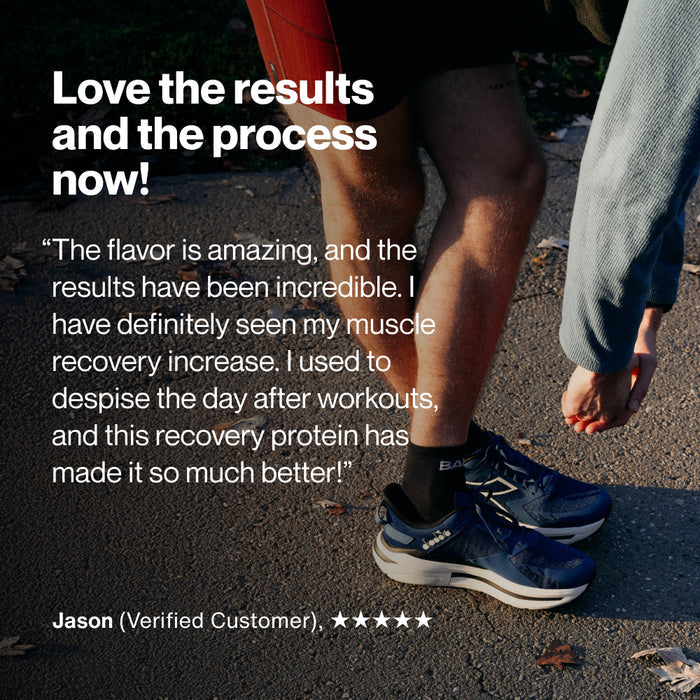 Person standing outdoors after a workout. Overlaid text reads: “Love the results and the process now! ‘The flavor is amazing, and the results have been incredible. I have definitely seen my muscle recovery increase. I used to despise the day after workouts, and this recovery protein has made it so much better!’ Jason (Verified Customer), five-star rating.”