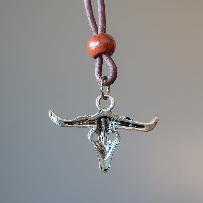 back of silver jasper bull skull necklace