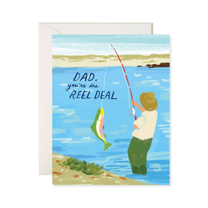 Greeting card with illustration of a man fishing and text 'Dad, you're the REEL DEAL' on a blue water background.