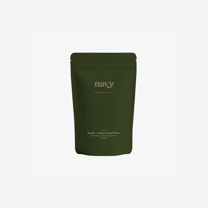A dark olive green stand-up pouch package with gold text reading 'navy' and smaller product text below, centered on a very light gray background.