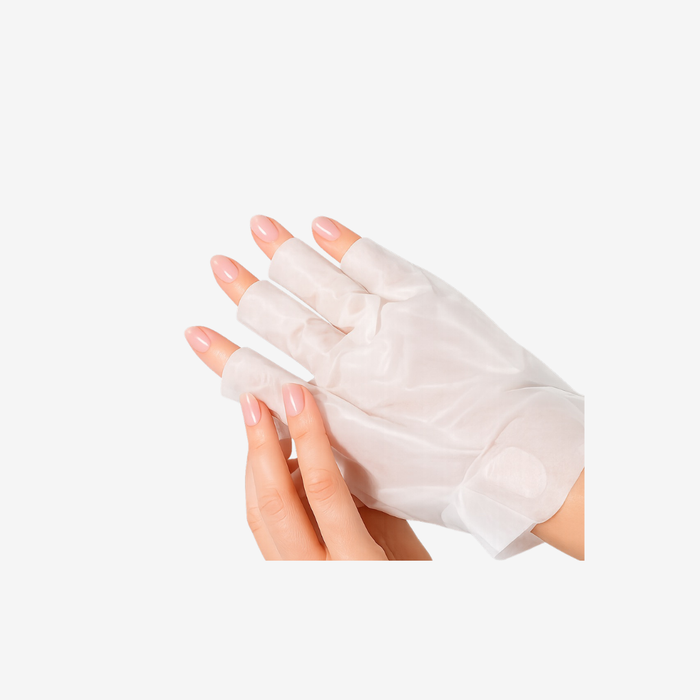 A hand wearing a semi-transparent white fingerless glove, shown against a plain light gray background.