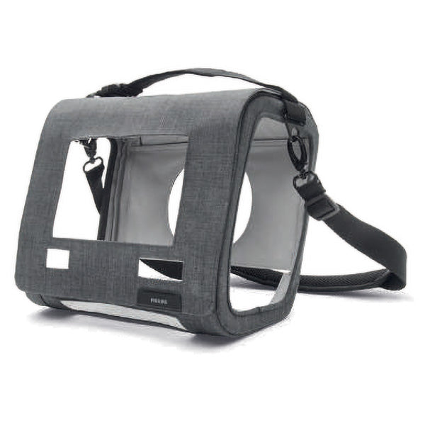 A gray Philips Respironics Trilogy Evo In-Use Case with a transparent front panel, a shoulder strap, and a handle.