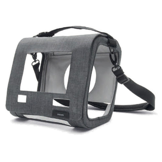 A gray Philips Respironics Trilogy Evo In-Use Case with a transparent front panel, a shoulder strap, and a handle.
