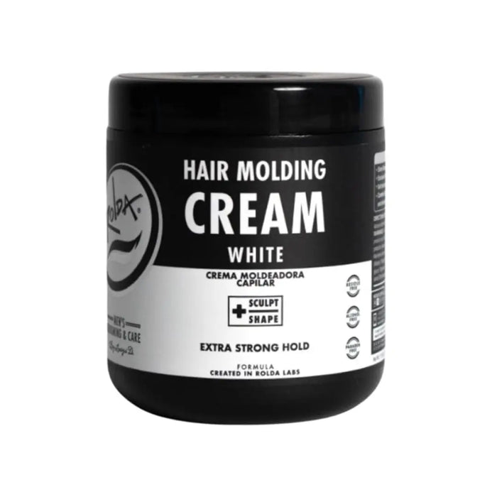 A black plastic jar of Sculpt Shape Hair Molding Cream in White, featuring a black and white label with product details.