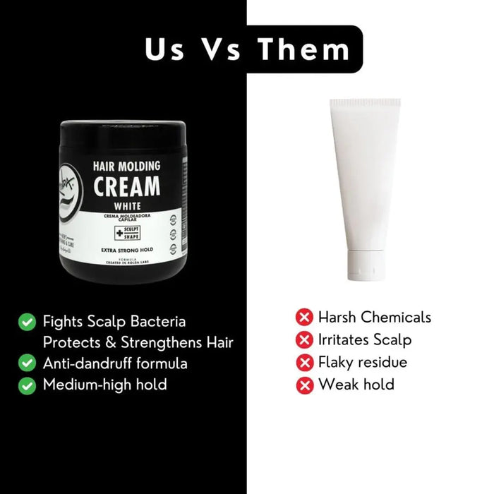A split comparison graphic showing a black jar labeled 'Hair Molding Cream White' on the left and a white squeeze tube on the right under the heading 'Us Vs Them.' Text below the jar lists benefits with green checkmarks, and text below the tube lists drawbacks with red X marks.