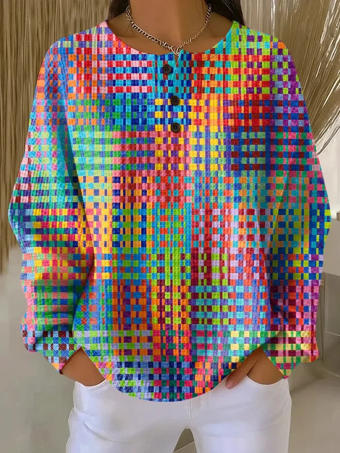 Rosa colorful tartan waffle-knit women's sweater with relaxed fit