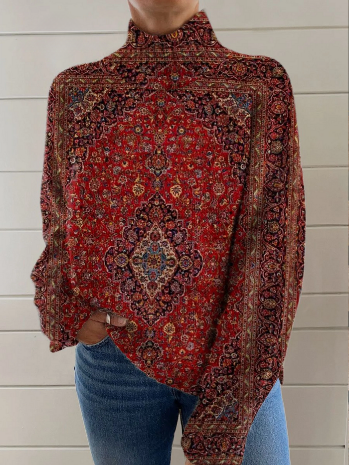 Rowan knit turtleneck sweater with red vintage abstract tapestry-inspired print
