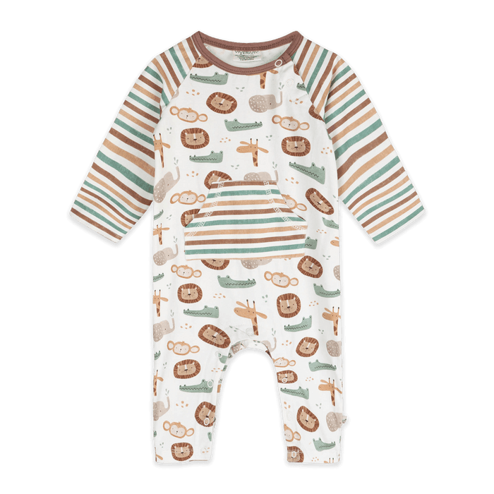 Safari Animals Kangaroo Pocket Baby Jumpsuit (Organic Jersey) - Front