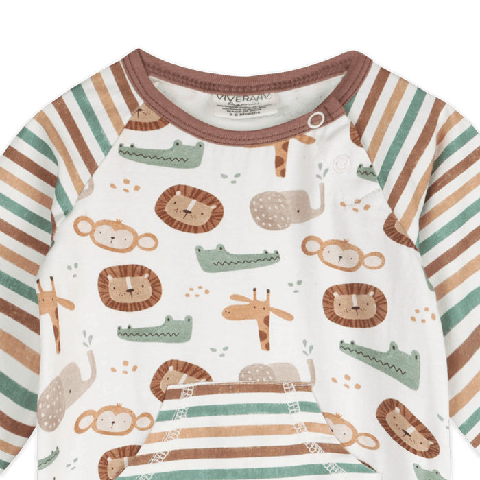 Safari Animals Kangaroo Pocket Baby Jumpsuit (Organic Jersey) - Detail