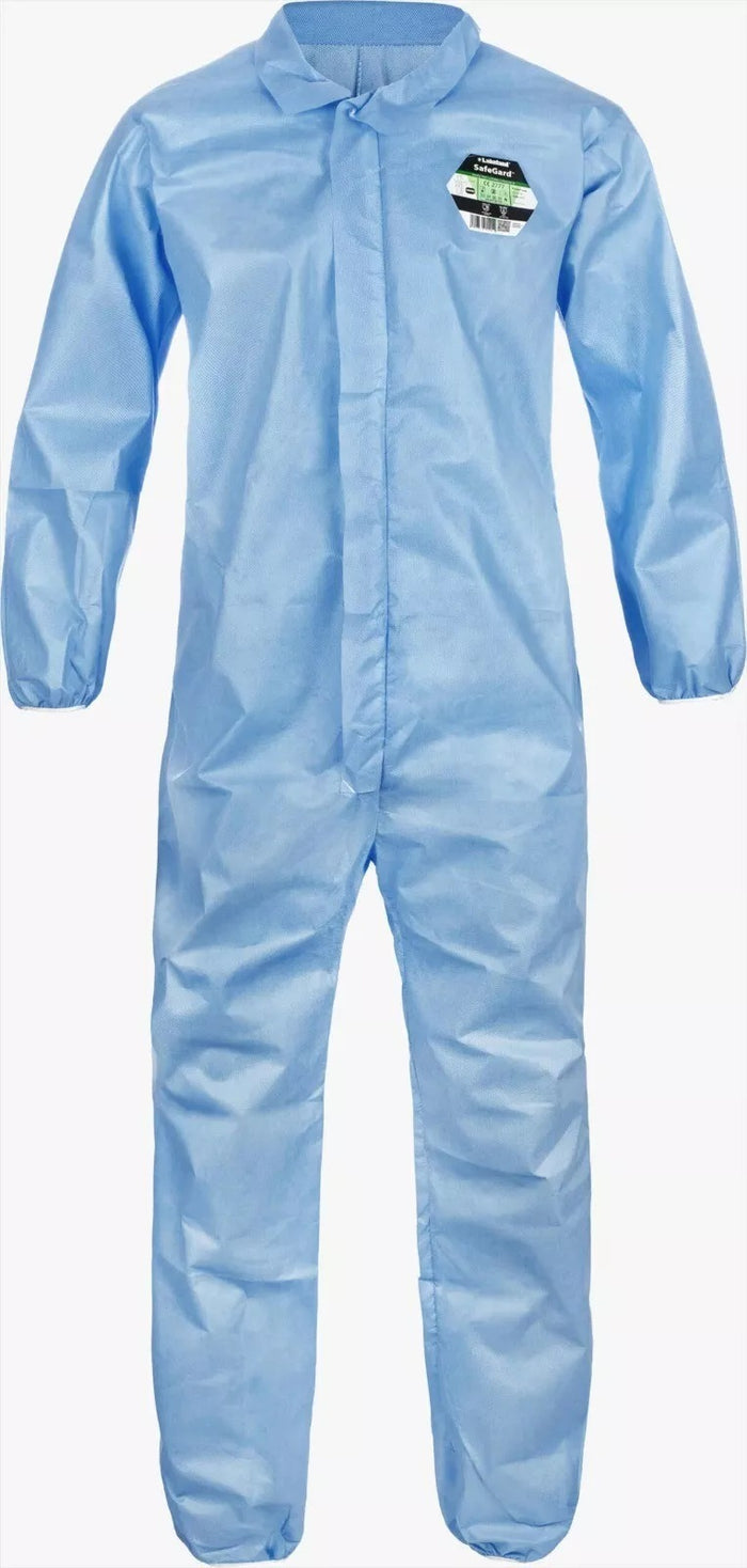 Light blue safety suit with collar and long sleeves.