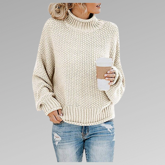 Sage oversized turtleneck winter sweater in a chunky knit with ribbed cuffs and hem