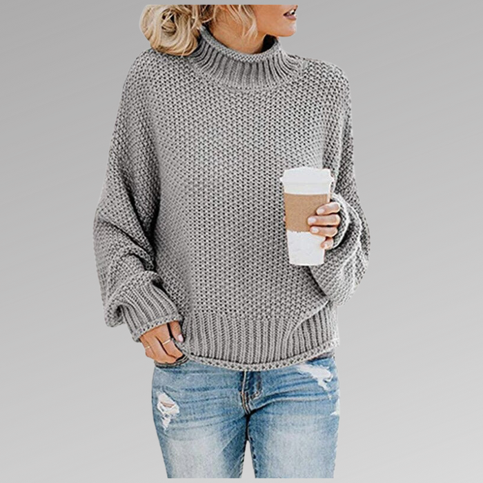 Sage oversized turtleneck winter sweater in a chunky knit with ribbed cuffs and hem