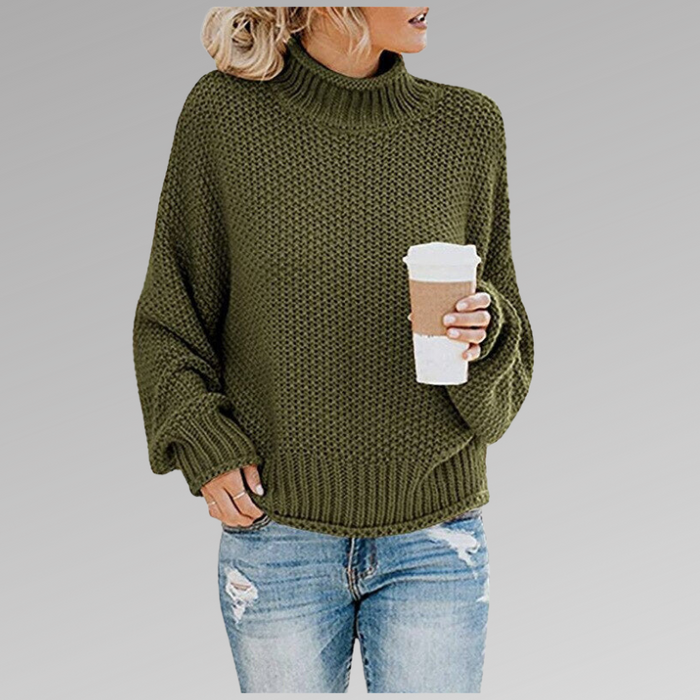 Sage oversized turtleneck winter sweater in a chunky knit with ribbed cuffs and hem