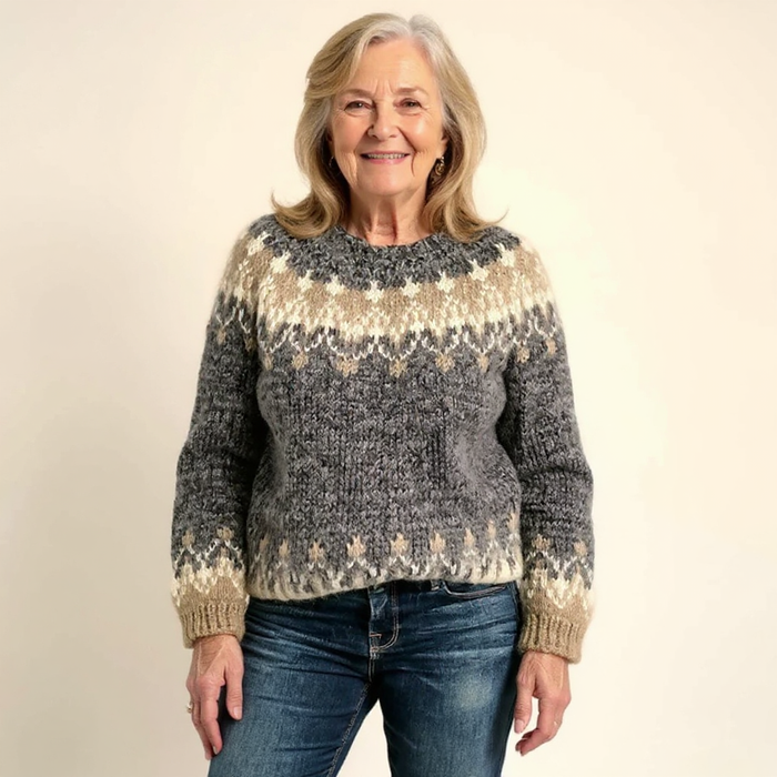 Samantha timeless knit sweater shown in black, blue, gray and red