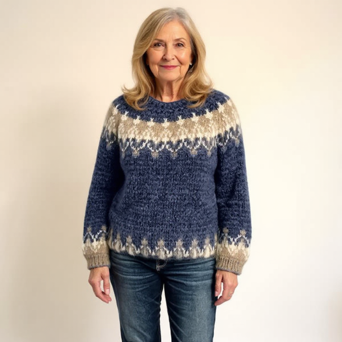 Samantha timeless knit sweater shown in black, blue, gray and red