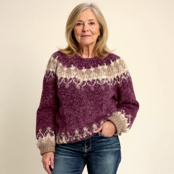 Samantha timeless knit sweater shown in black, blue, gray and red