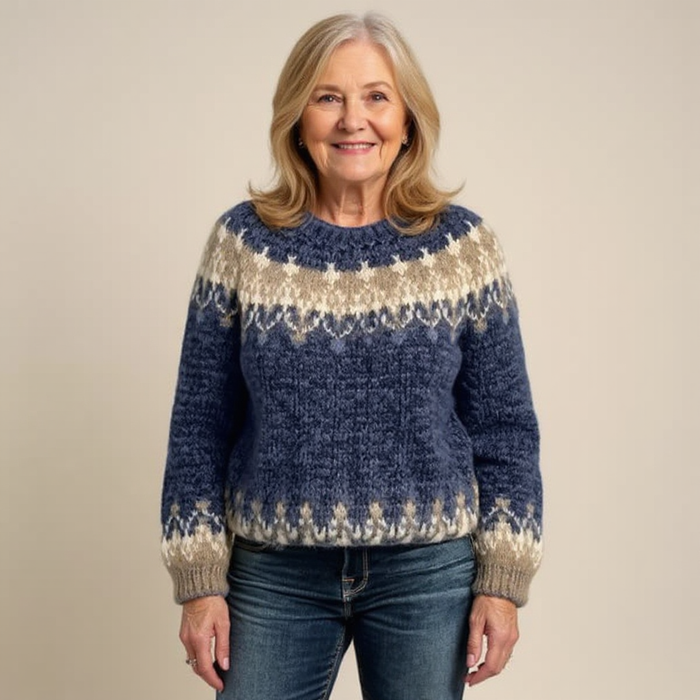 Samantha timeless knit sweater shown in black, blue, gray and red