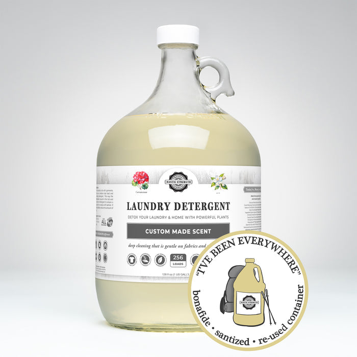 Rustic Strength, Laundry Detergent, 1 Gallon, Glass Jug, Geranium & Jasmine, with image "I've been everywhere - Bonafide, Sanitized, Re-used Container"