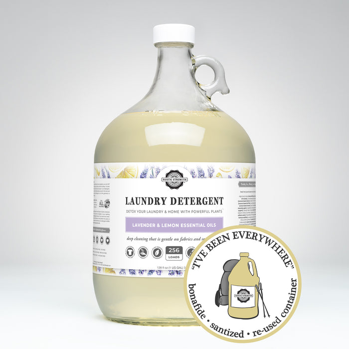 Rustic Strength, Laundry Detergent, 1 Gallon, Glass Jug, Lavender & Lemon, with image "I've been everywhere - Bonafide, Sanitized, Re-used Container"