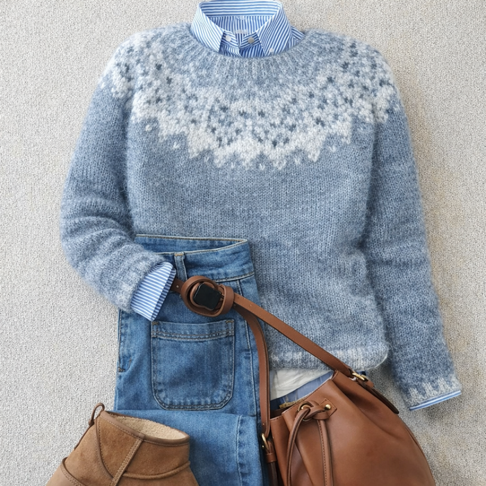 Sarah heritage Nordic knit sweater in blue with ribbed cuffs and hem