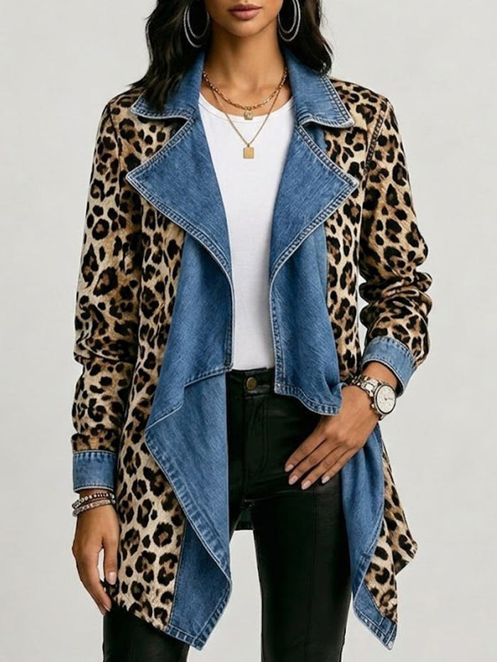 Khaki leopard print open-front jacket with washed denim collar and cuffs