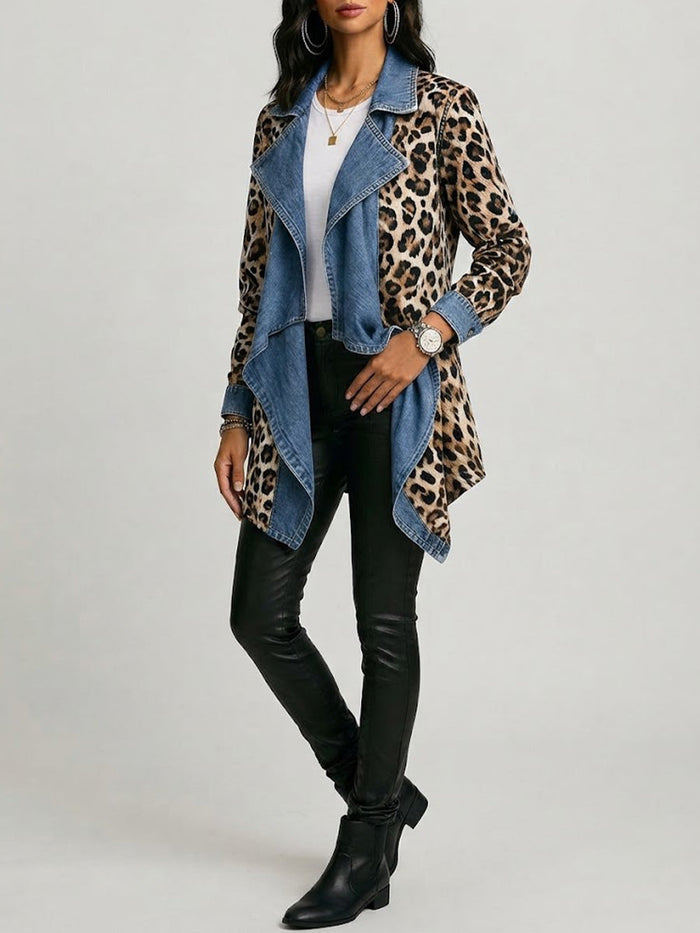 Khaki leopard print open-front jacket with washed denim collar and cuffs