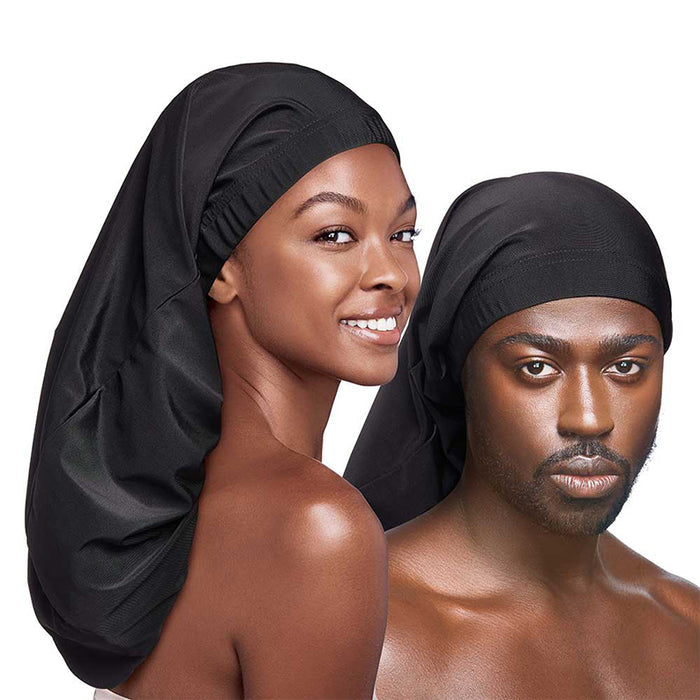 RED BEAUTY by KISS super jumbo silky spandex loc cap on male and female models in black extra long fit