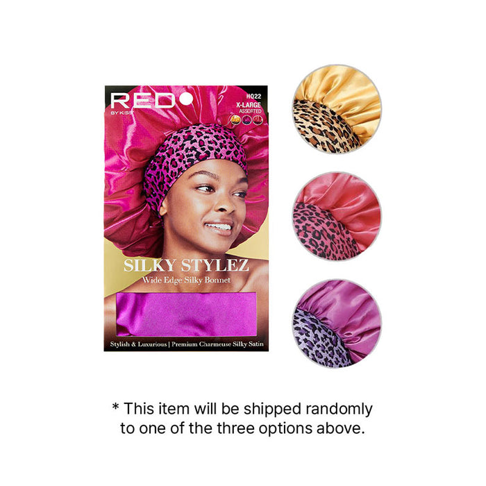 RED BEAUTY by KISS extra large silky bonnet for women in pink with leopard trim satin cap assortment
