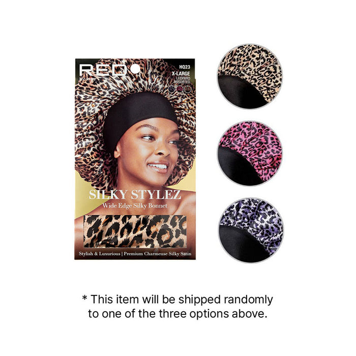 RED BEAUTY by KISS extra large silky bonnet leopard print satin wide edge shown in three colors