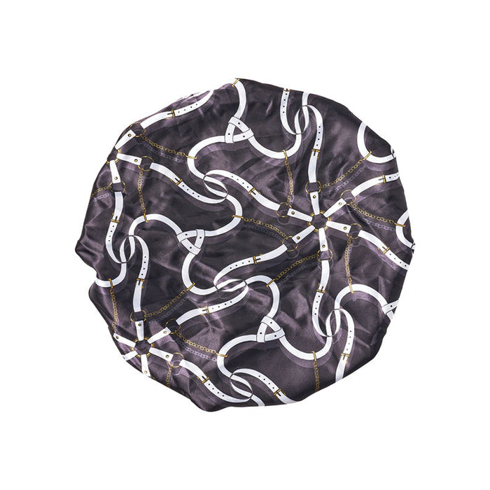 RED BEAUTY by KISS extra large silky bonnet in black with white belt and gold chain print
