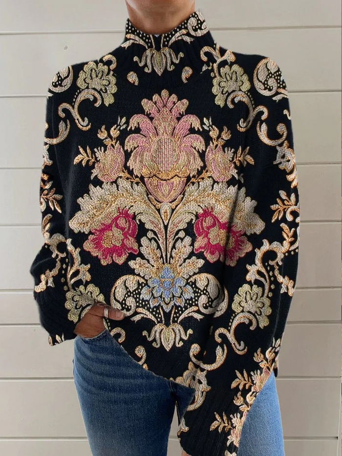 Vintage floral knit turtleneck sweater with high collar in regal baroque tones