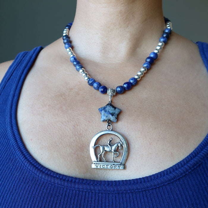 woman wearing sodalite horse necklace