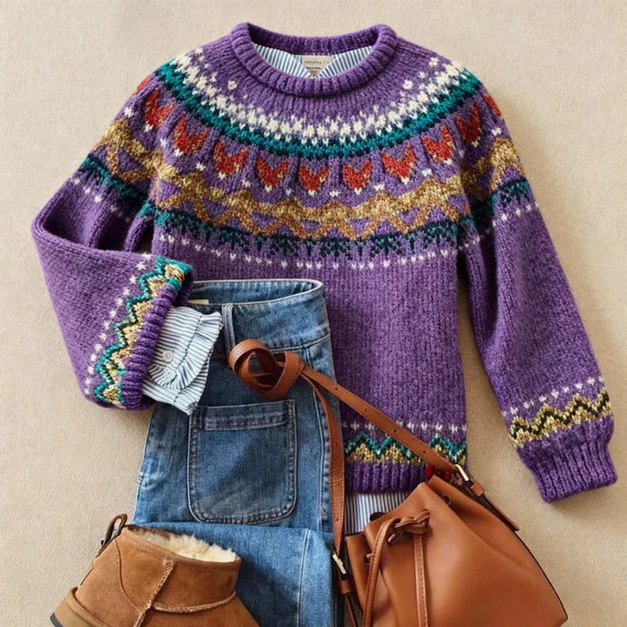 Purple vintage Nordic-pattern knit sweater with a relaxed, comfortable fit