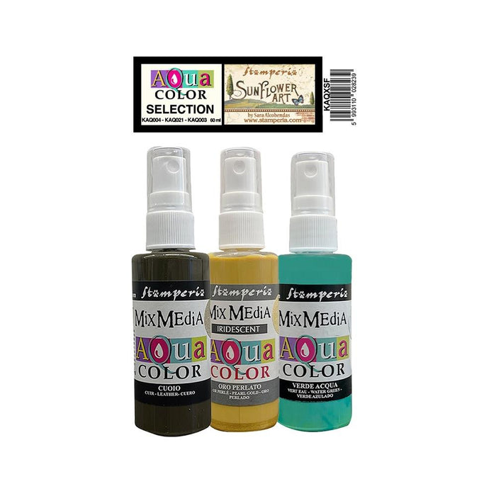 Stamperia - Aquacolor - 3/Pkg - Sunflower Art. Aquacolors are a water based spray paint. They can be used as a spray or applied with a brush to create a watercolor effect. After spraying, using a dryer, the color can be blended and softened. Available at Embellish Away located in Bowmanville Ontario Canada.