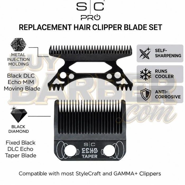 StyleCraft SC553B replacement clipper blade set with Black Diamond Echo Taper fixed blade, Echo MIM moving blade, self-sharpening, cooler-running, anti-corrosive features, and compatibility with most StyleCraft and Gamma+ clippers.