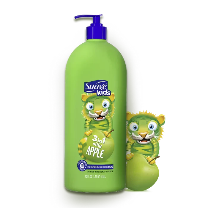 SUAVE Kids 3 in 1 silly Apple 0% Parabens Gentle Cleanser Shampoo, Conditioner Body Wash منتج العناية بالاطفال ثلاثة في واحد شامبو و بلسم و غسول للجسم من سواف