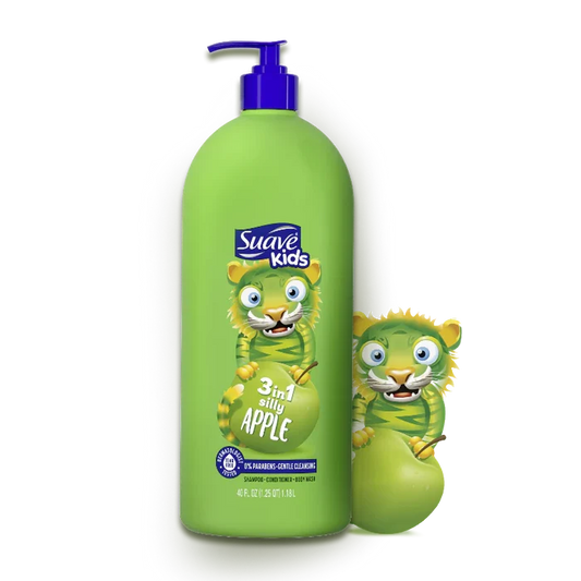 SUAVE Kids 3 in 1 silly Apple 0% Parabens Gentle Cleanser Shampoo, Conditioner Body Wash منتج العناية بالاطفال ثلاثة في واحد شامبو و بلسم و غسول للجسم من سواف