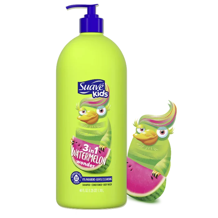 SUAVE Kids 3 in 1 Watermelon wonder 0% parabens gentle cleanser shampoo, conditioner body wash منتج العناية بالاطفال ثلاثة في واحد شامبو و بلسم و غسول للجسم من سواف