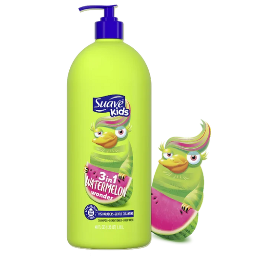 SUAVE Kids 3 in 1 Watermelon wonder 0% parabens gentle cleanser shampoo, conditioner body wash منتج العناية بالاطفال ثلاثة في واحد شامبو و بلسم و غسول للجسم من سواف