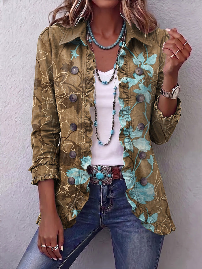 Boho ruffle jacket in olive and turquoise gradient vintage floral print with lettuce-edge trim